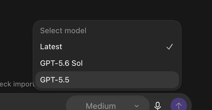 ChatGPT 聊天端可选择 GPT-5.6 Sol
